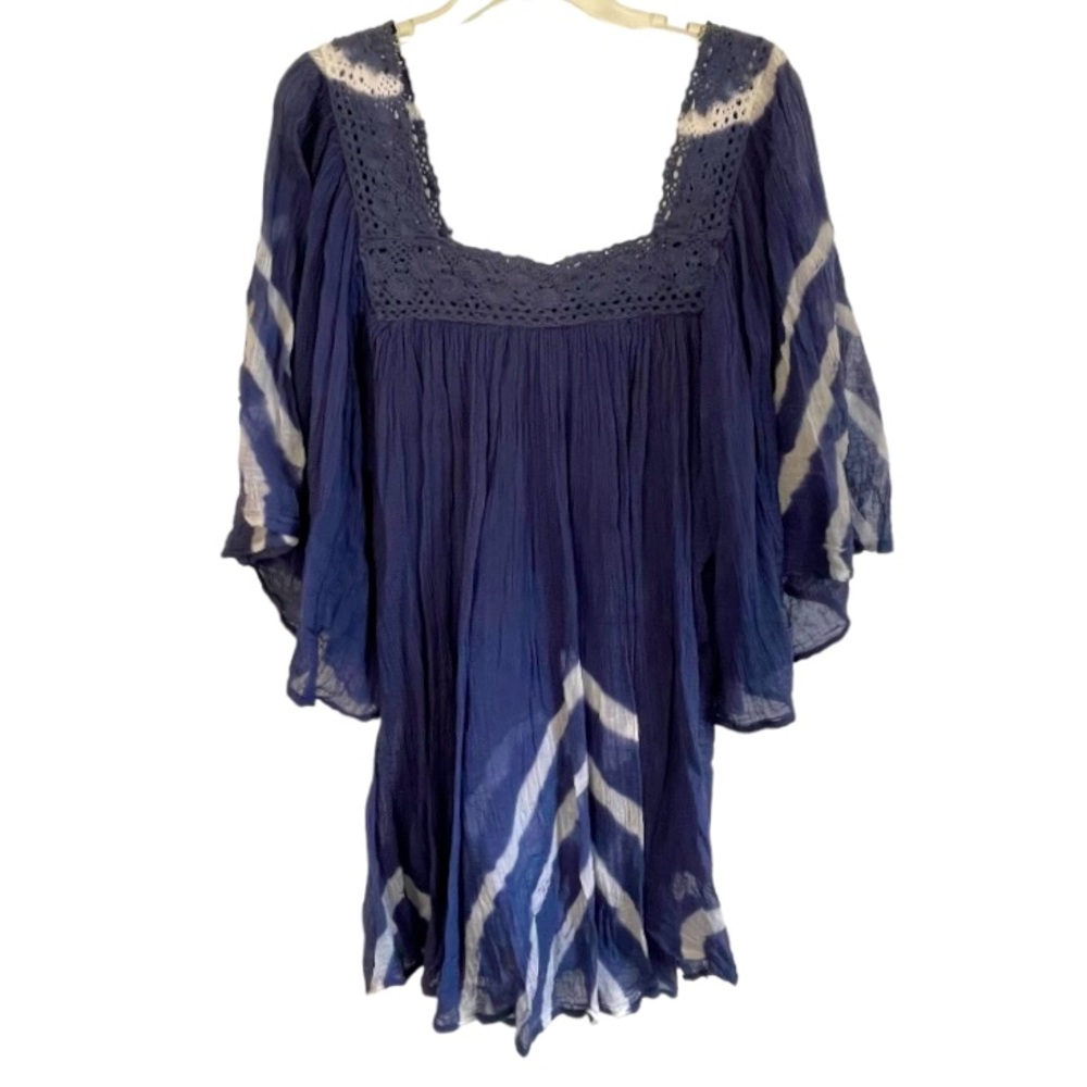 Raviya Boho Peasant Blouse, Gauzy Dark Blue and White, Flowy Wide Sleeves, Large